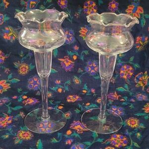 2 Blown Glass Princess House Heritage Violet Candlestick Candle Holder Wavy Rim